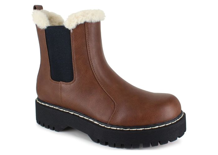 The brown boots with cream faux fur trim and contrasting stitching