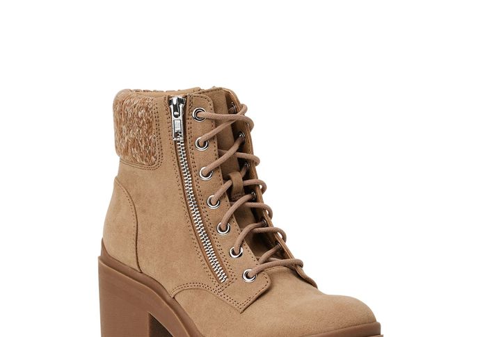The taupe lace-up boots feature a zipper detail, a sweater-knit collar, a block heel, and a sturdy lug sole