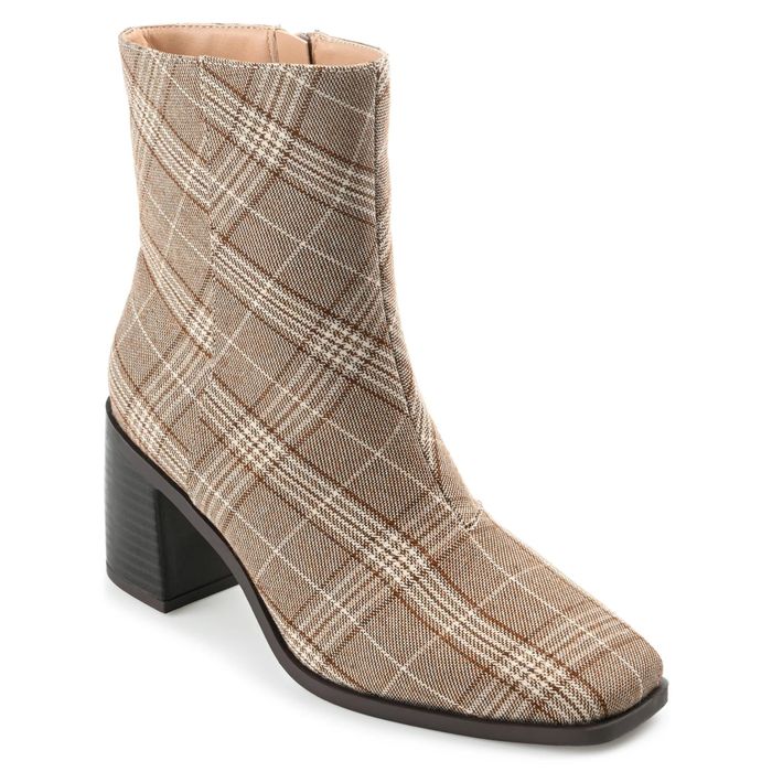 The stacked heel boots with a brown plaid fabric upper