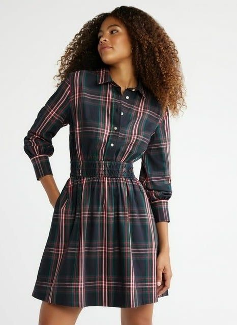model wearing a plaid shirt dress