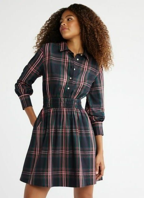 model wearing a plaid shirt dress