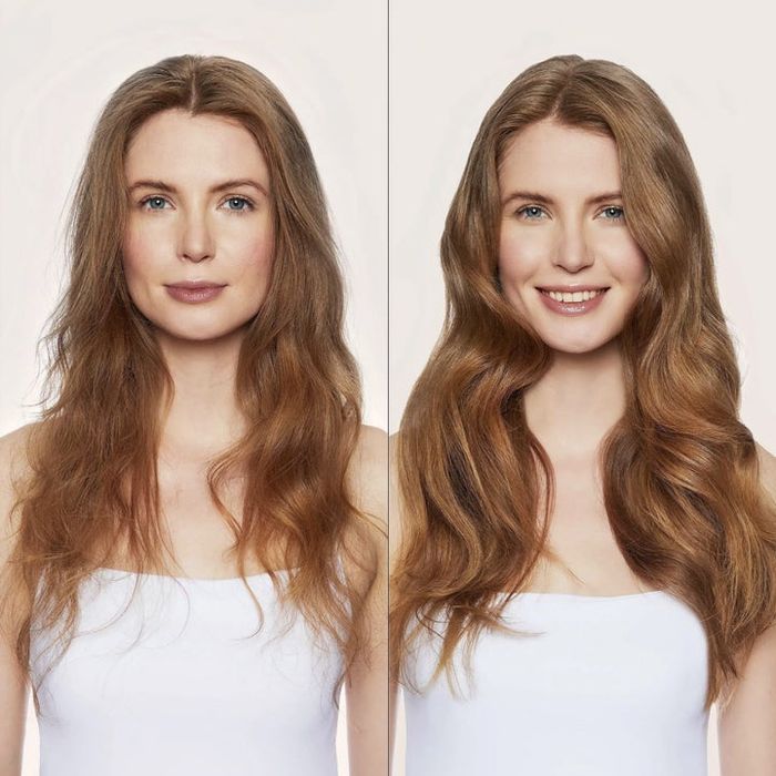 A model showcasing the before and after results of using the hair mask.