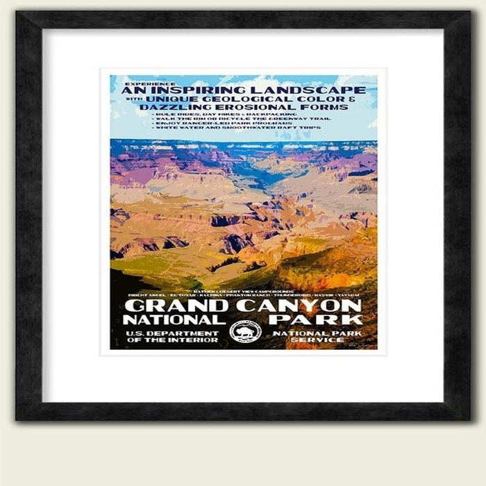 A framed vintage-style poster of Grand Canyon National Park showcasing layered rock formations
