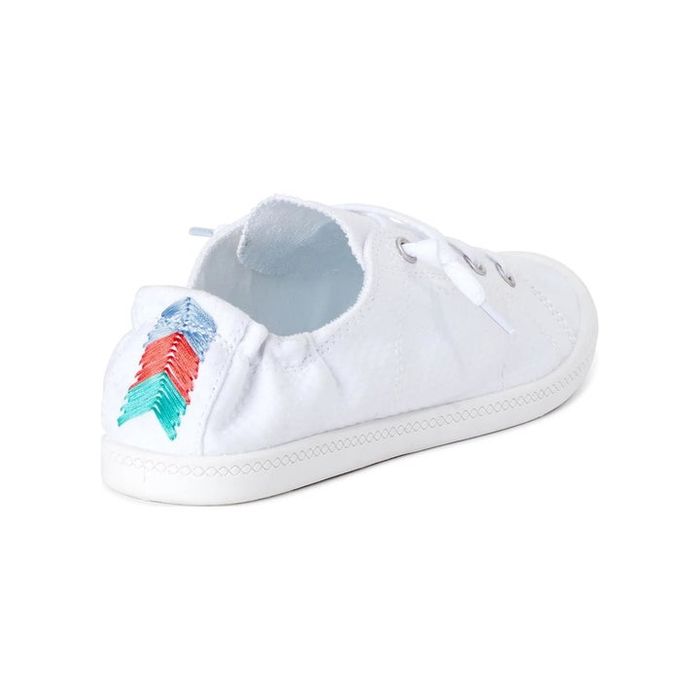 A white casual sneaker featuring a soft back and multicolored chevron embroidery on the heel, shown from the rear