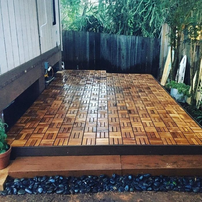 A customer's photo showing the interlocking tiles used on an outdoor patio
