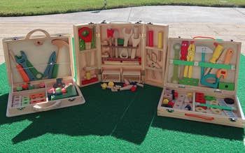 The three different configurations of the wooden toolbox set, each offering its own set of building possibilities.