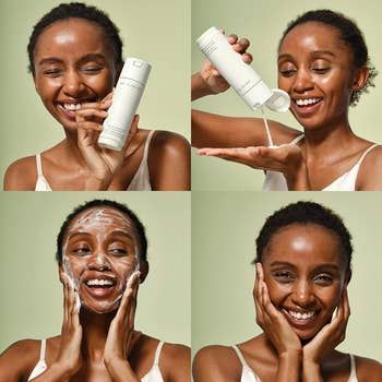 A woman demonstrates her skincare routine: holding a bottle, pouring the product into her hand, applying the foam to her face, and smiling with a refreshed and clean complexion.