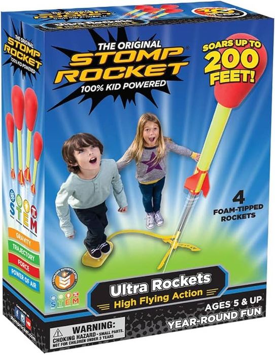 Packaging for Stomp Rocket Ultra Rockets, showcasing kids in action. Includes details: