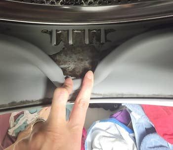 A before photo showing black stains on a reviewer's washing machine gasket.