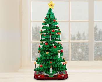 A LEGO Christmas tree displayed on a table