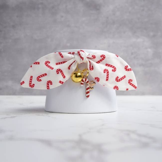 A white cat collar featuring a candy cane design with a gold bell and a candy cane charm, beautifully displayed