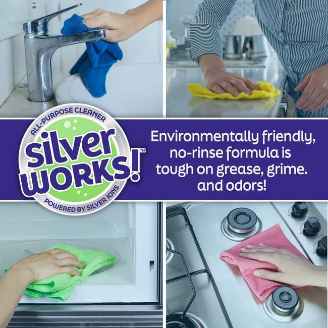Advertisement for SilverWorks cleaner, featuring four scenes of hands cleaning various surfaces, highlighting its eco-friendly benefits