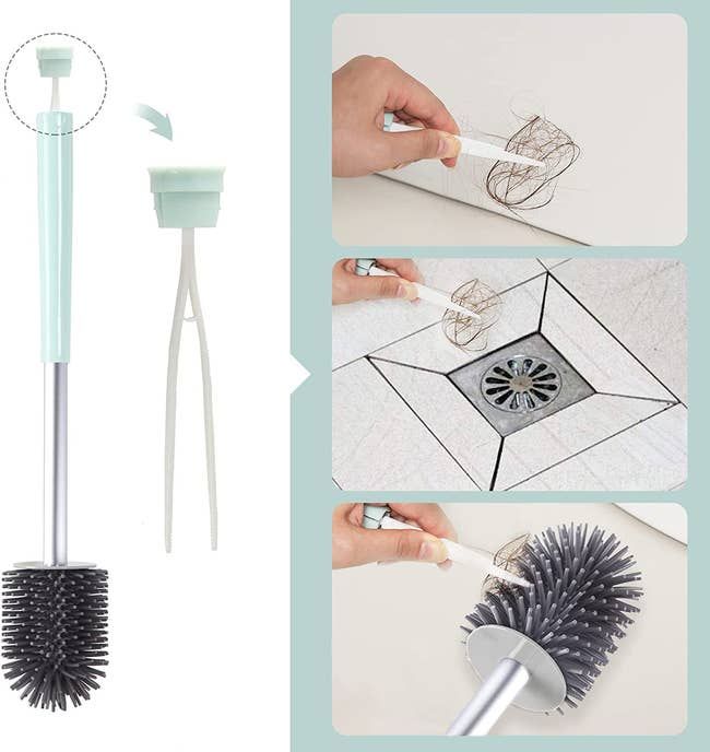 A silicone toilet brush with hidden tweezers inside the handle, designed for both toilet cleaning and clearing drain blockages.