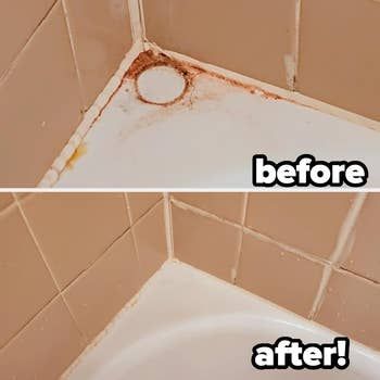 Another reviewer shares before-and-after images showing the transformation of a bathroom corner after cleaning; the surface is spotless after using the scrubber, with all the dirt removed.