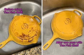 Mytour editor shares a before-and-after image of their yellow Le Creuset pan, which was restored to its original shine using The Pink Stuff.