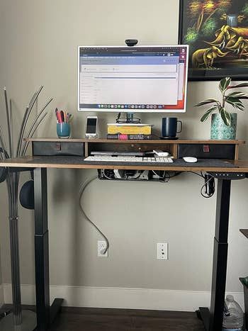 A standing desk featuring a computer setup and decorative greenery