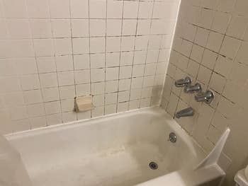 A reviewer’s bathroom with visible mold on the tiles and tub.
