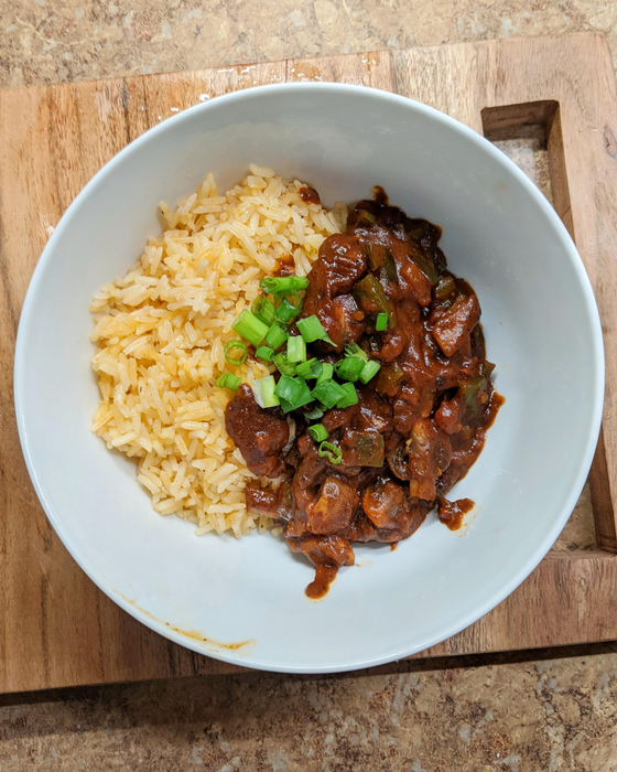 A reviewer's photo of a delicious meal prepared using the EveryPlate meal kit.