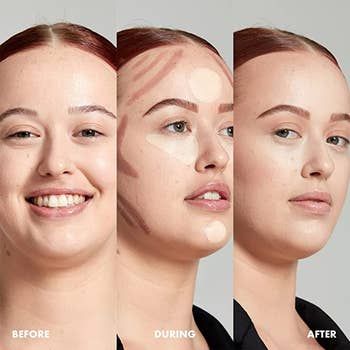 three images of a model: first without makeup, then with contour lines drawn on their face, and finally with the contour blended seamlessly