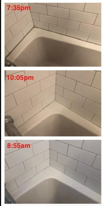 Three images from a reviewer showing how mold in their bathtub vanished overnight after using the product.