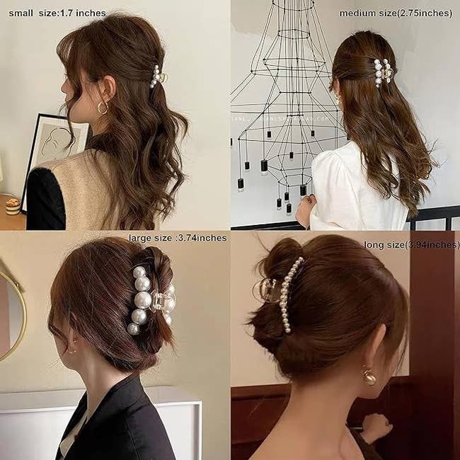 Four images displaying various hairstyles featuring hair clips, with options in different sizes for easy shopping