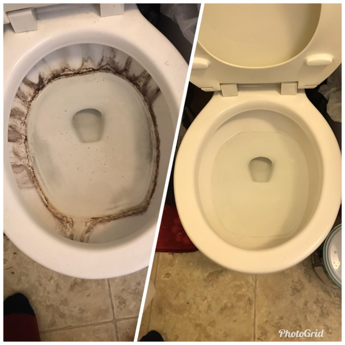 Reviewer showing a before-and-after comparison of a toilet, from dirty to sparkling clean