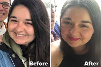 a side-by-side comparison of the editor, with a before photo showing no makeup and an after photo featuring the products in use