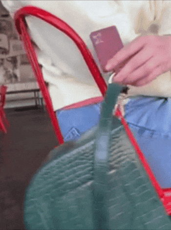 Models hanging their bags on table legs and chairs with the help of the Bagnet magnet, showing how versatile it is.