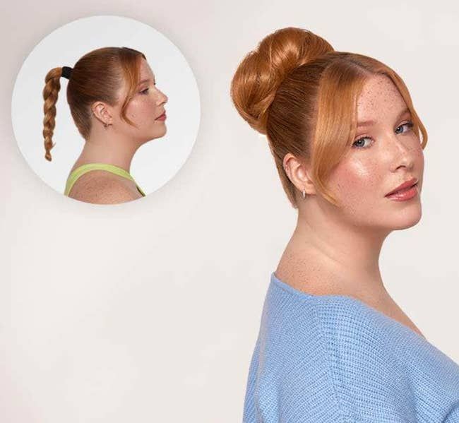 A model with a short braid, followed by the same model wearing the clip-in bun
