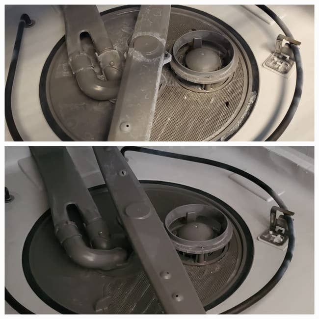 A reviewer's dishwasher before (with residue) and after (completely residue-free and sparkling clean).