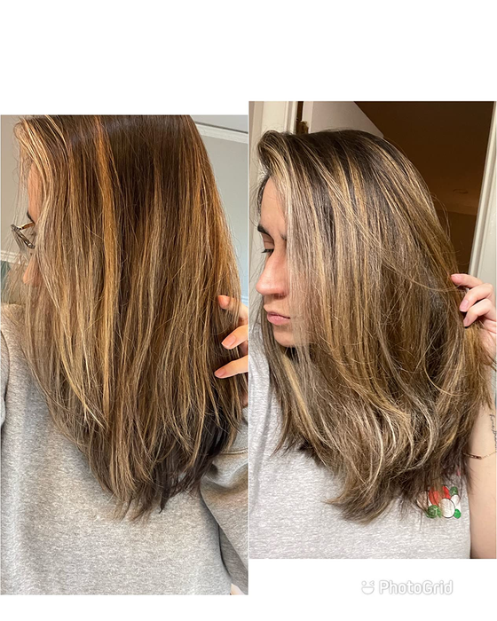 Reviewer's color-treated hair before and after using the conditioning treatment