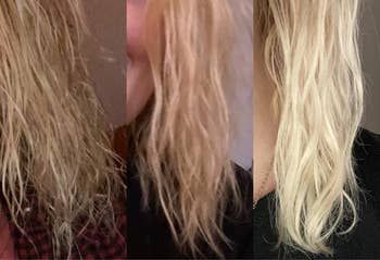 A reviewer's hair transformation before and after using the product