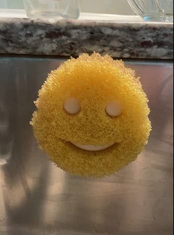 A smiling sponge held in the sponge caddy