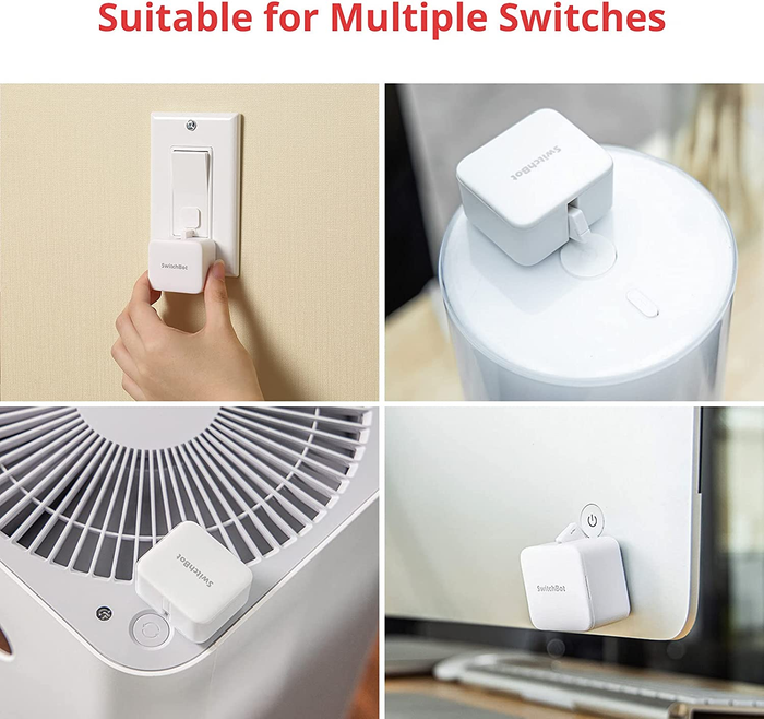 The white, square-shaped SwitchBot positioned on a light switch, fan, and computer.