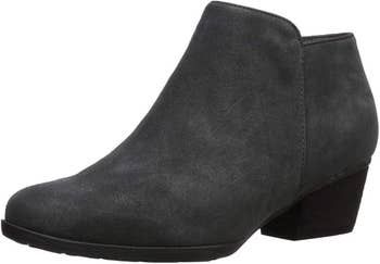 Dark gray ankle boots featuring a low block heel and smooth suede texture