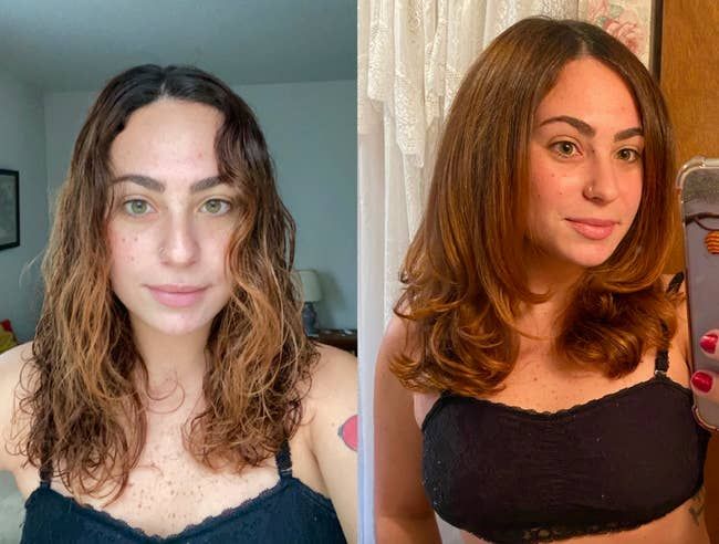 a reviewer showcasing their hair, which appears professionally blow-dried after using the styling brush