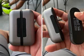 Reviewer holding the two pieces together, each portion displayed on a gray model.