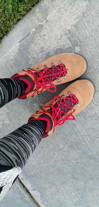 top-down view of the brown and red boots