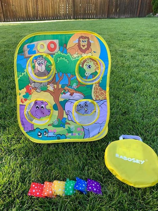 A colorful zoo animal bean game with bean bags and a convenient carrying case, as reviewed by a customer.