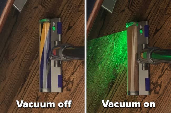 The vacuum placed next to an image of it, with the laser illuminating dust particles.