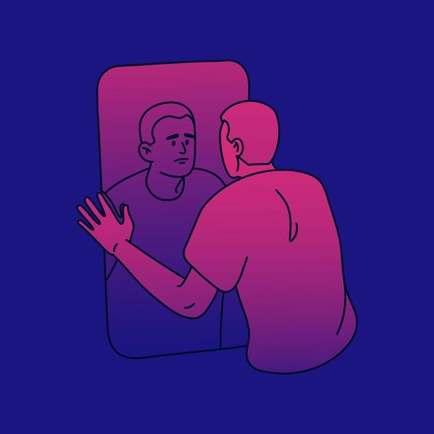 Biểu đồ về sự thờ ơ và trầm cảm trong tâm lý học: Người đàn ông buồn bã nhìn vào gương phản chiếu, tự ti, tuyệt vọng, vấn đề tâm lý và tinh thần.