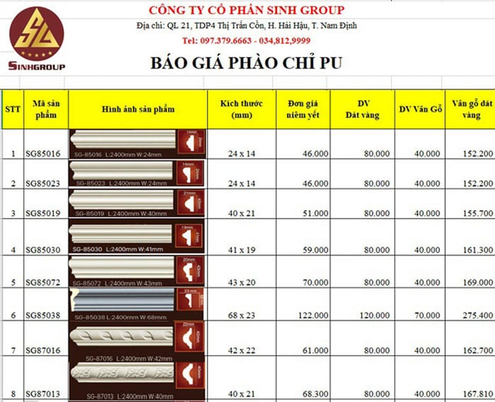 Danh sách giá phào chỉ tại Sinh Group