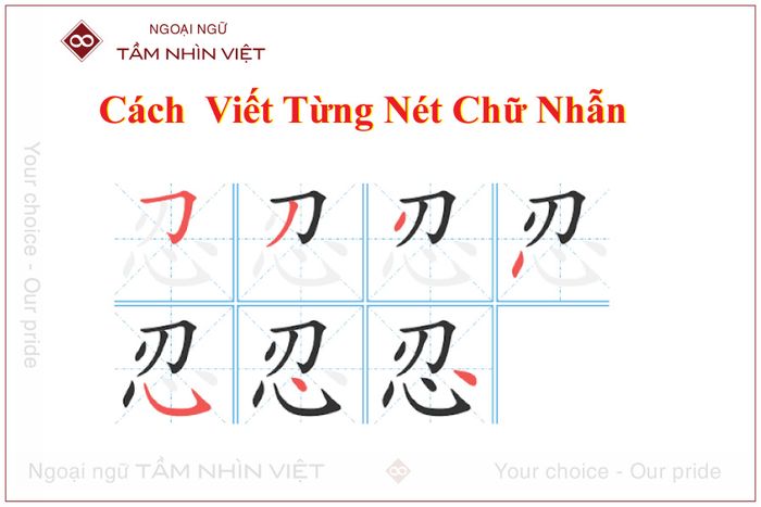 Phương pháp viết thứ tự từng nét chữ nhẫn 忍 trong thư pháp