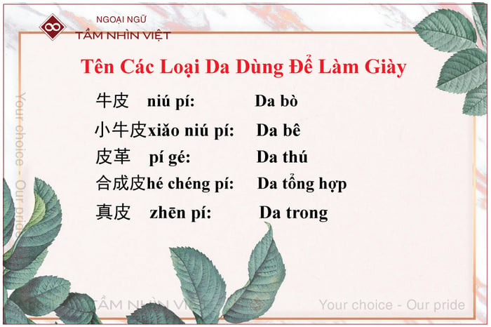 Các loại da trong tiếng Trung dùng để làm giày