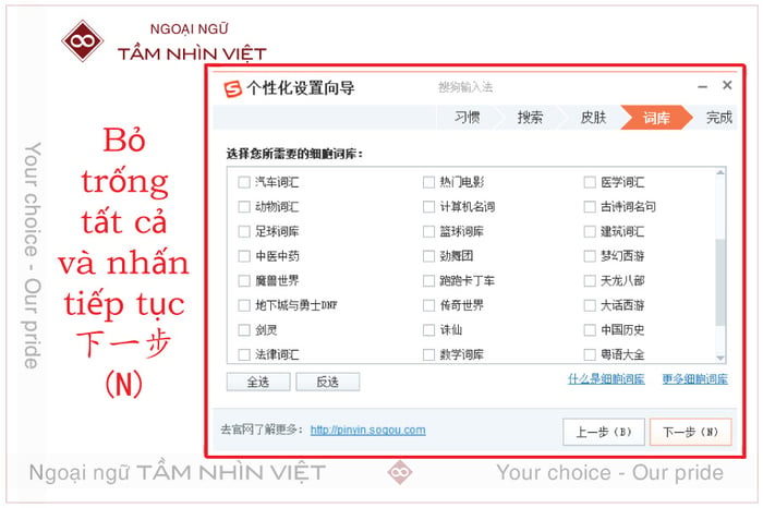 Hủy chọn tất cả các ô tích để tránh cài đặt nhầm những phần mềm không cần thiết