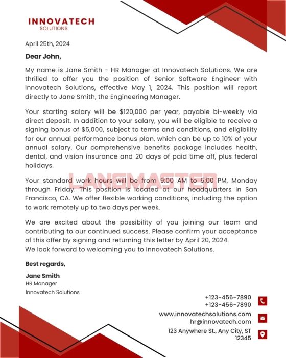 Professional Offer Letter Template in English, Persuasive