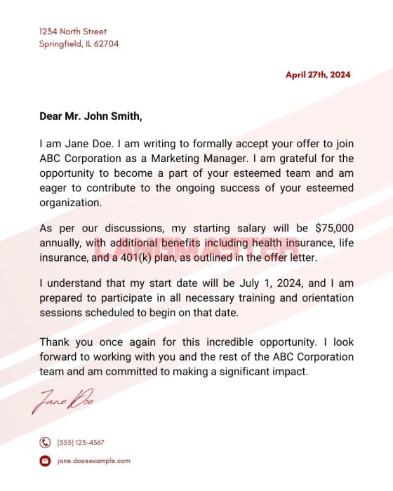 Acceptance Letter Template in English