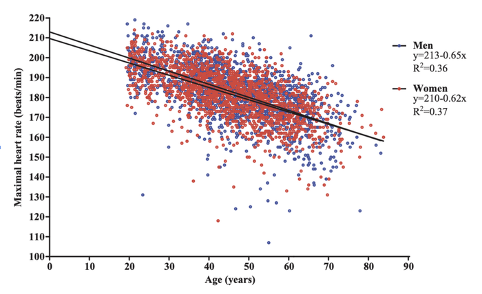 Blue and red dots, each symbolizing a person's maximum heart rate, are plotted on a graph with age on the x-axis and max heart rate on the y-axis. The dots form a broad cluster, generally decreasing with age but displaying significant variation at every age.
