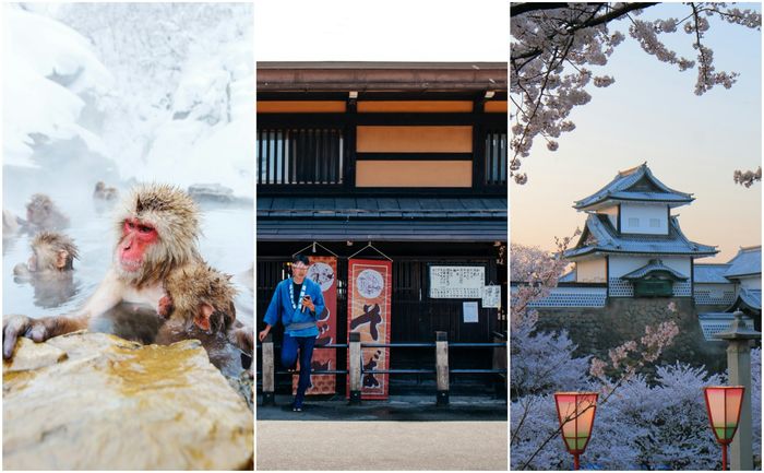 Left: monkeys enjoying a hot spring; center: a charming old town storefront; right: a castle at dusk
