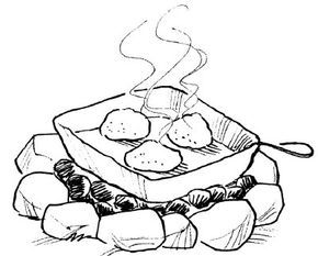 Create a biscuit-cooking pan using aluminum foil and a coat hanger.